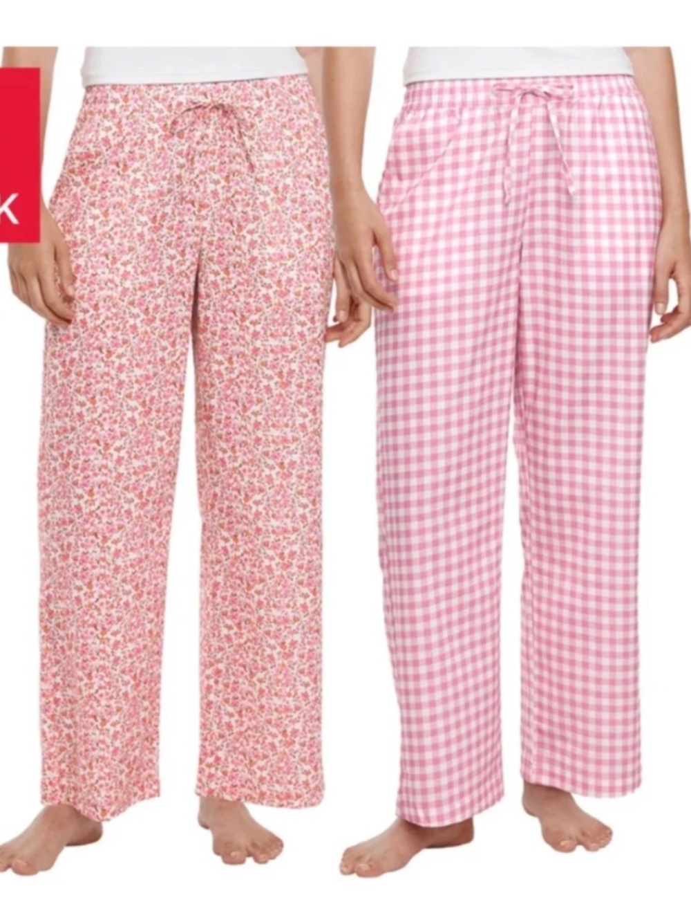 Gap Womens Two Pack Pink Floral Gingham Cotton Drawstring Lounge Pajama Pants L